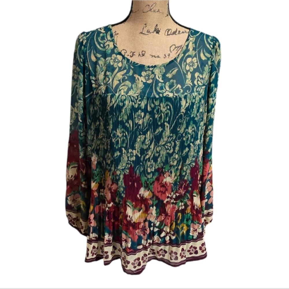 Anthropologie x Fig & Flower Floral Teal Pink Pleated Shirt Plus Size 2X 3X New